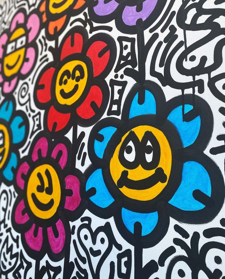 Original Doodle - Art - Gemälde „Colorful Flowers III“ – 100 x 100 cm - Dero Home & Living